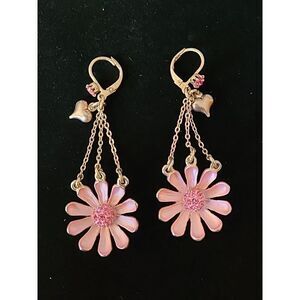 Pink Crystal Daisy Long Tassel Earrings Pierced Summer OF Love Summer Festival